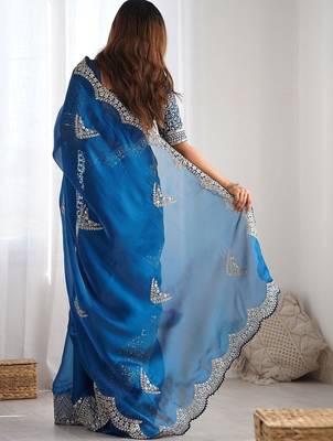 Blue ethnic motifs embroidered sequinned tissue saree with unstiched blouse piece 3