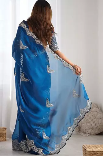 Blue ethnic motifs embroidered sequinned tissue saree with unstiched blouse piece