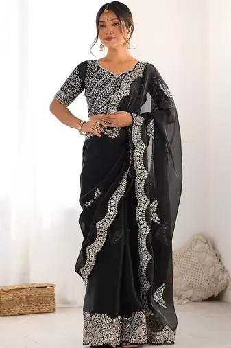 Black embellished embroidered scallop tissue saree with unstiched blouse piece