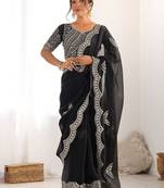 Black embellished embroidered scallop tissue saree with unstiched blouse piece