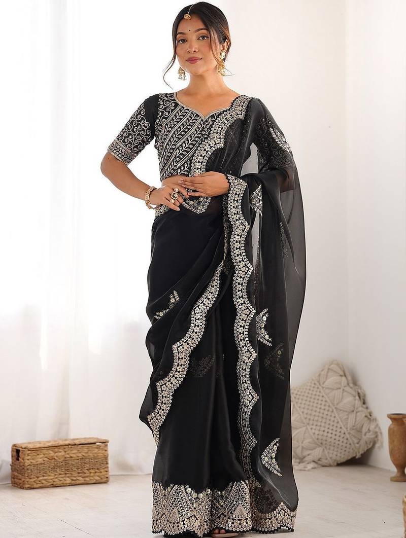 Black embellished embroidered scallop tissue saree with unstiched blouse piece