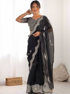 Black embellished embroidered scallop tissue saree with unstiched blouse piece 2