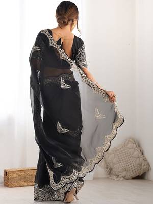 Black embellished embroidered scallop tissue saree with unstiched blouse piece 3