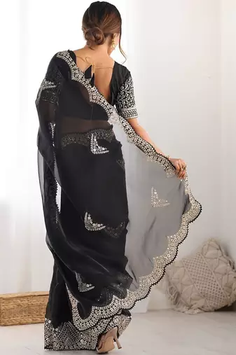 Black embellished embroidered scallop tissue saree with unstiched blouse piece