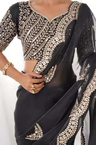 Black embellished embroidered scallop tissue saree with unstiched blouse piece