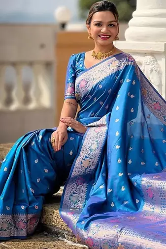 Blue woven design zari banarasi saree