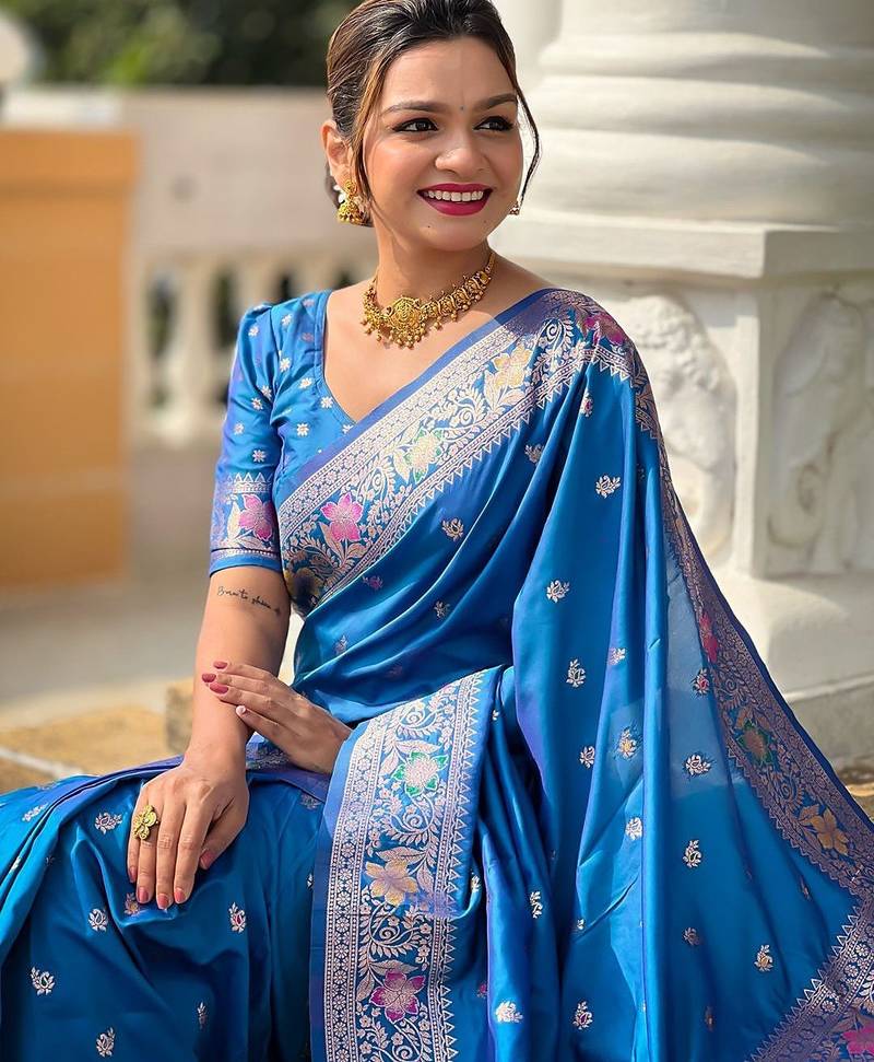 Blue woven design zari banarasi saree