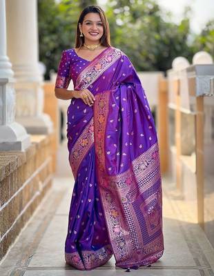 Violet ethnic motif woven design zari banarasi saree 1