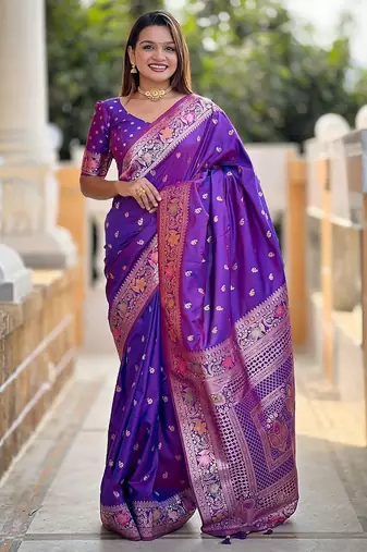 Violet ethnic motif woven design zari banarasi saree