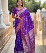 Violet ethnic motif woven design zari banarasi saree