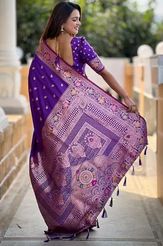 Violet ethnic motif woven design zari banarasi saree