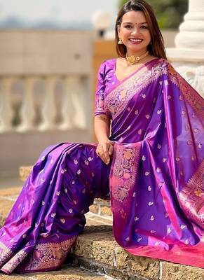 Violet ethnic motif woven design zari banarasi saree 3