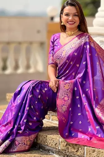 Violet ethnic motif woven design zari banarasi saree