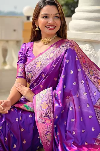 Violet ethnic motif woven design zari banarasi saree