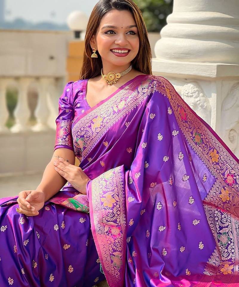 Violet ethnic motif woven design zari banarasi saree