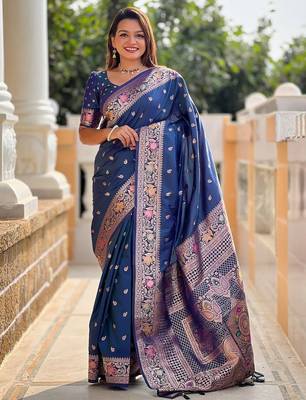 Blue woven design zari banarasi saree with blouse piece 1