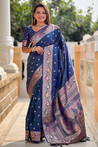 Blue woven design zari banarasi saree with blouse piece