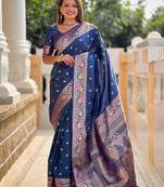Blue woven design zari banarasi saree with blouse piece