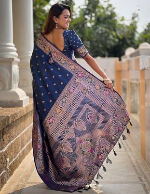 Blue woven design zari banarasi saree with blouse piece 2
