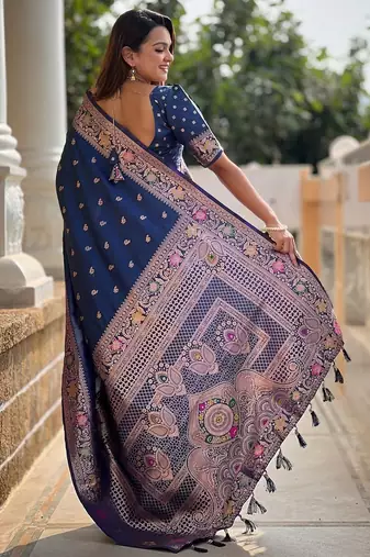 Blue woven design zari banarasi saree with blouse piece
