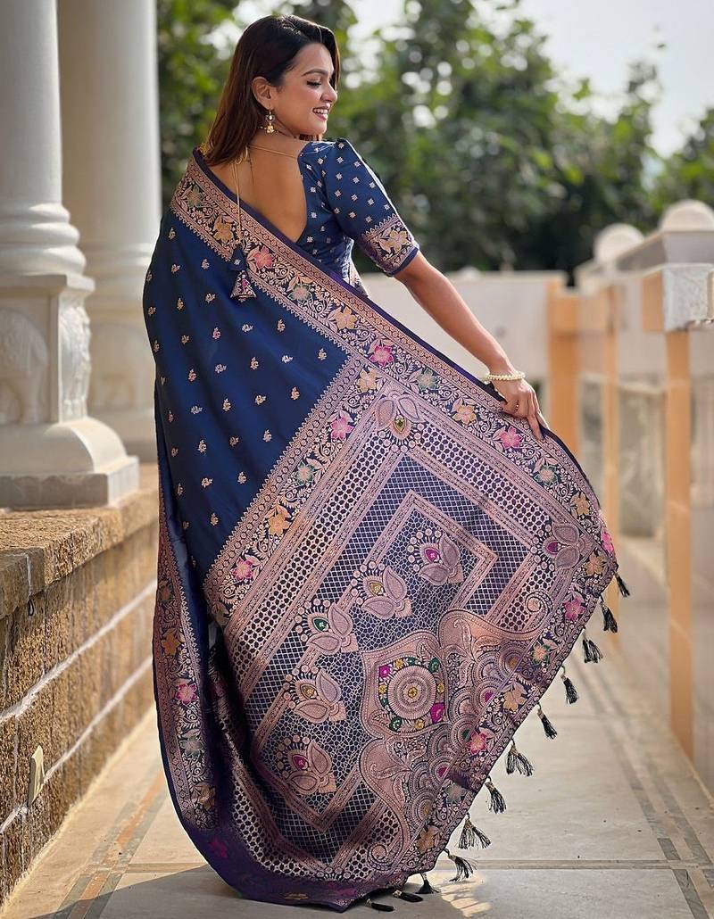 Blue woven design zari banarasi saree with blouse piece