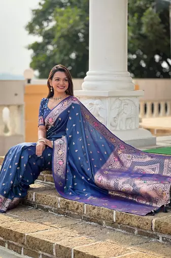 Blue woven design zari banarasi saree with blouse piece