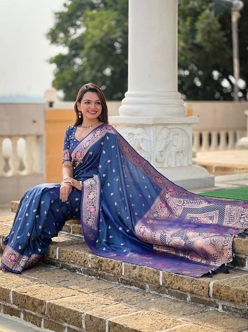 Blue woven design zari banarasi saree with blouse piece