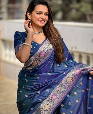 Blue woven design zari banarasi saree with blouse piece 4