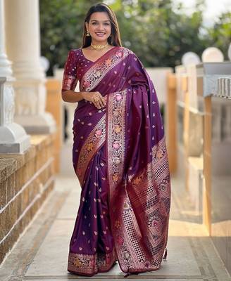 Purple ethnic motifs woven design banarasi saree 1