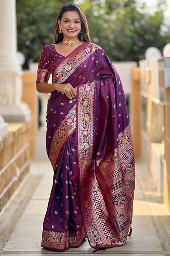 Purple ethnic motifs woven design banarasi saree