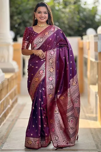 Purple ethnic motifs woven design banarasi saree