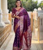 Purple ethnic motifs woven design banarasi saree
