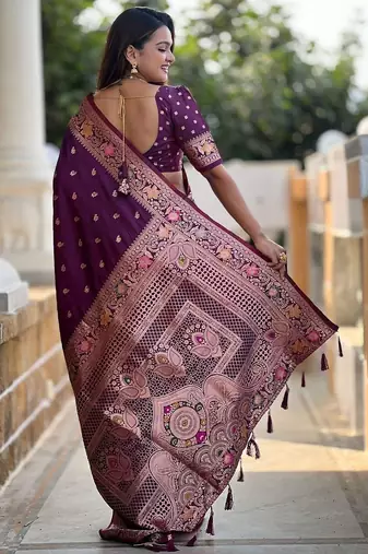 Purple ethnic motifs woven design banarasi saree