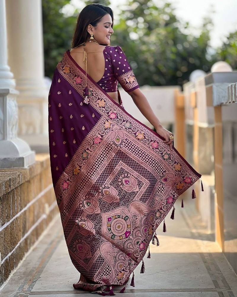 Purple ethnic motifs woven design banarasi saree