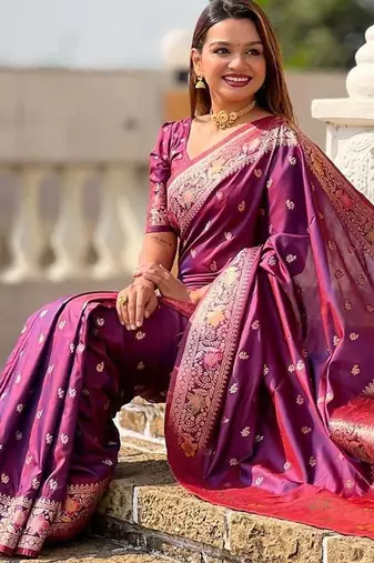 Purple ethnic motifs woven design banarasi saree