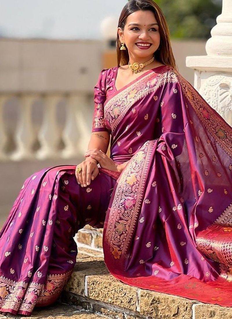 Purple ethnic motifs woven design banarasi saree