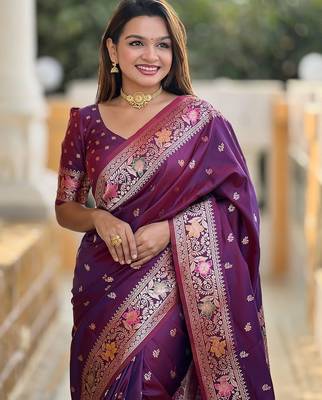 Purple ethnic motifs woven design banarasi saree 4