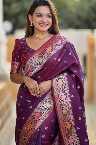 Purple ethnic motifs woven design banarasi saree