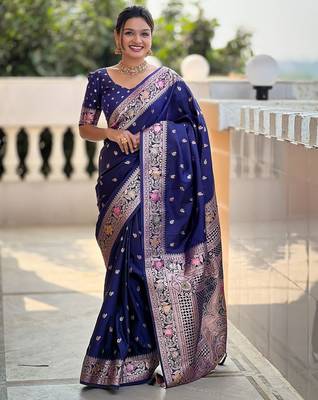 Navy blue woven design ethnic motifs zari banarasi saree 1