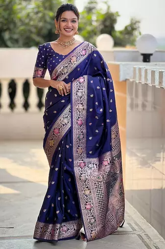 Navy blue woven design ethnic motifs zari banarasi saree