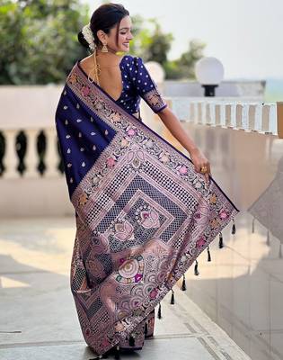 Navy blue woven design ethnic motifs zari banarasi saree 2