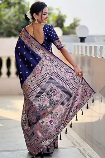 Navy blue woven design ethnic motifs zari banarasi saree