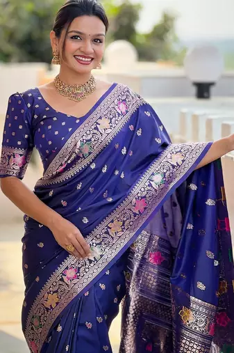 Navy blue woven design ethnic motifs zari banarasi saree