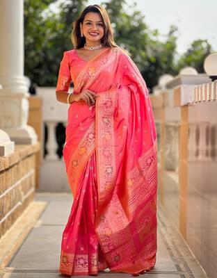 Peach woven design zari banarasi saree with matching blouse piece 1
