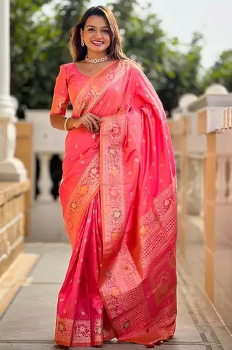Peach woven design zari banarasi saree with matching blouse piece