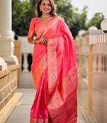 Peach woven design zari banarasi saree with matching blouse piece