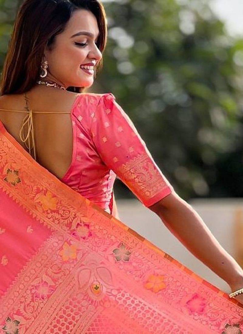 Peach woven design zari banarasi saree with matching blouse piece