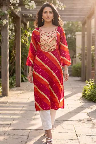 Women's multicolor rayon leheriya printed kurta | elegant ethnic wear kurti | trendy casual & festive wear for women