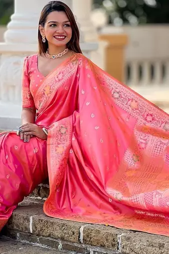 Peach woven design zari banarasi saree with matching blouse piece