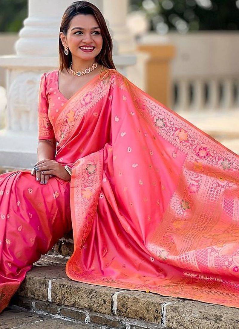 Peach woven design zari banarasi saree with matching blouse piece